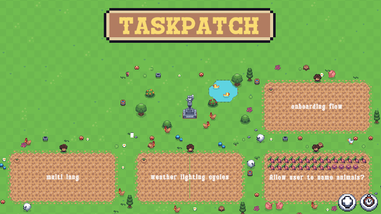 TaskPatch task board overlaid on the pixel farm