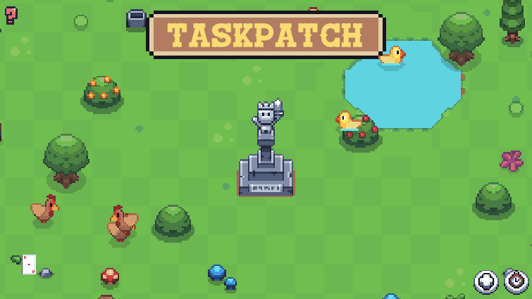 TaskPatch pixel farm world with pond and animals